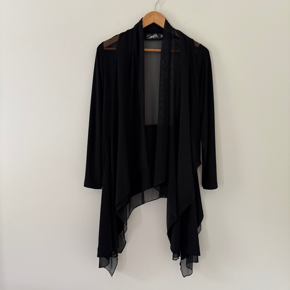 Sympli Cardigan Open Front Waterfall 8 Black Sheer Mesh Panel Asymmetric Draped